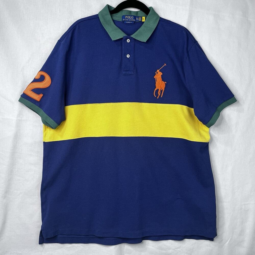Polo Ralph Lauren Mesh Polo Shirt Stripped Blue/ Yellow Classic Fit Men Sz XL